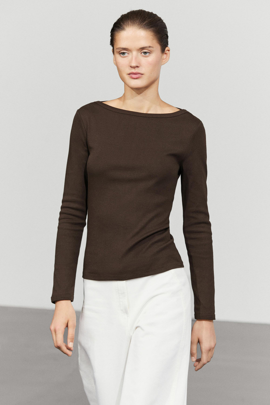 Massimo Dutti Футболка с длинными рукавами и вырезом лодочкой, коричневый