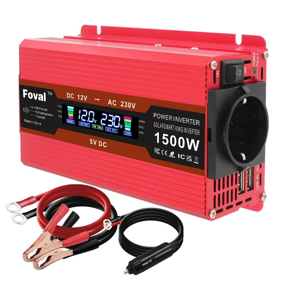 Инвертор 12V-220V 1500W красный с дисплеем Foval