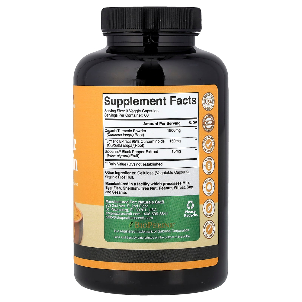 Nature's Craft, куркумин из куркумы с BioPerine®, 180 капсул