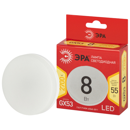 Лампа светодиодная ЭРА RED LINE LED GX-8W-827-GX53 R 8Вт таблетка теплый белый свет GX53