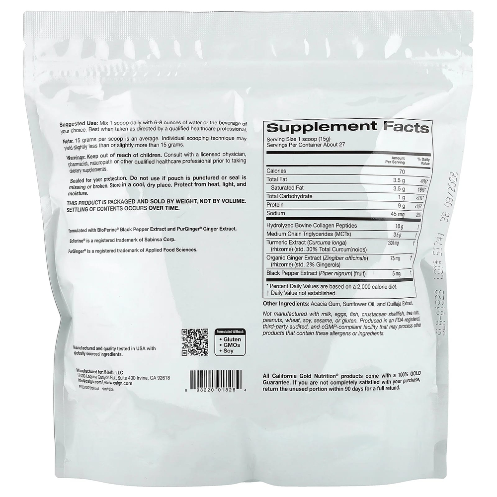 California Gold Nutrition, гидролизованные пептиды коллагена с куркумой, МСТ и имбирем, 400 г (14,1 унции)