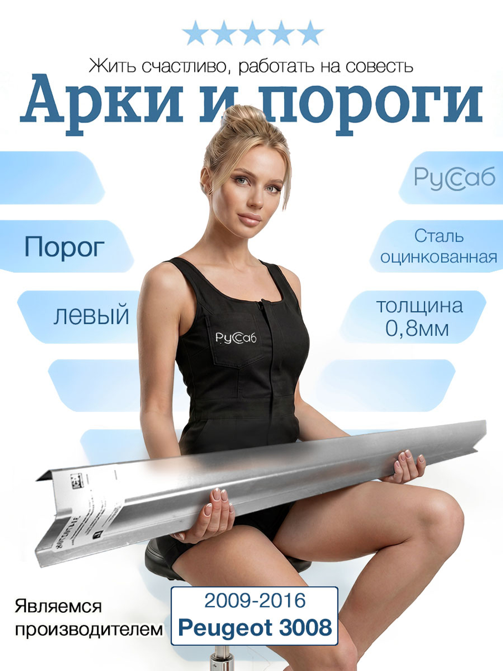 Порог левый Peugeot 3008 2009-2016 (0,8мм)