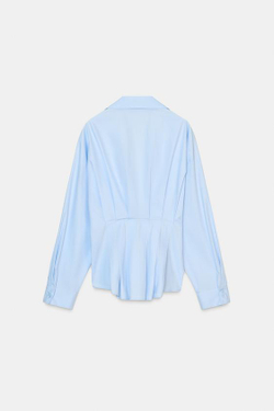 ZARA РУБАШКА ИЗ ПОПЛИНА СО СКЛАДКАМИ, ГОЛУБОЙ