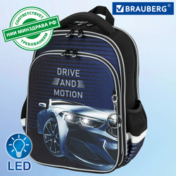 Ранец BRAUBERG QUADRO, 3 отделения, с брелоком, "Sport car", LED-ЛАМПОЧКИ, 37х28х18 см, 271359