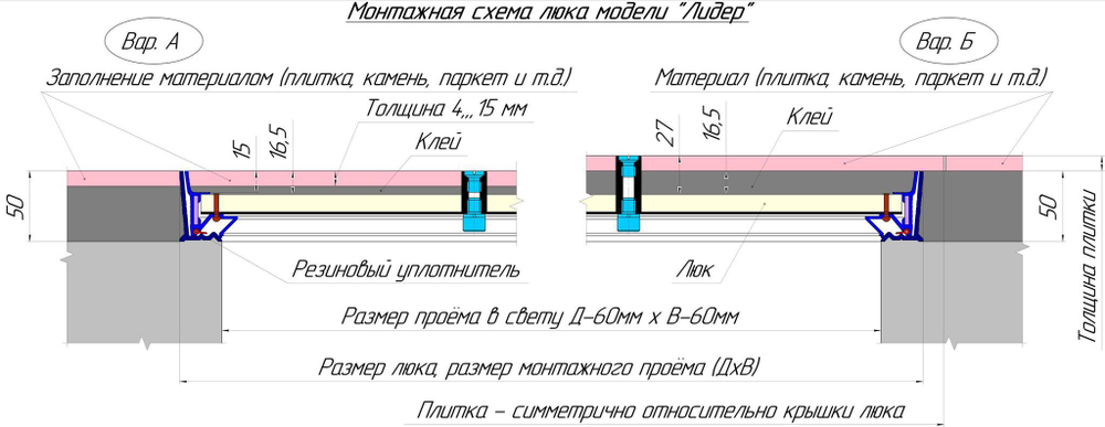 Люк напольный Лидер 500х500 заполняемый под плитку