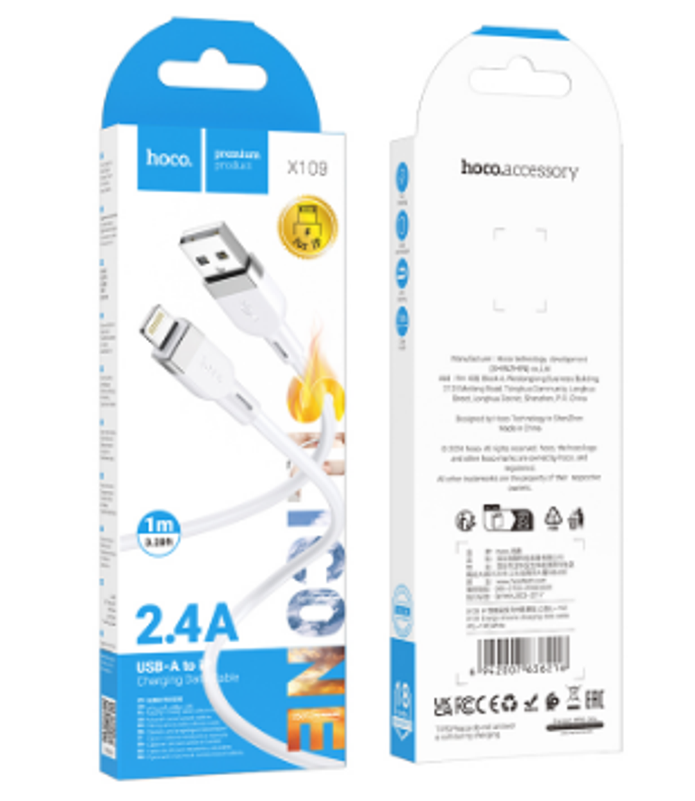 Usb Кабель-зарядка Lightning Hoco X109 2.4A 1м силиконовый черный