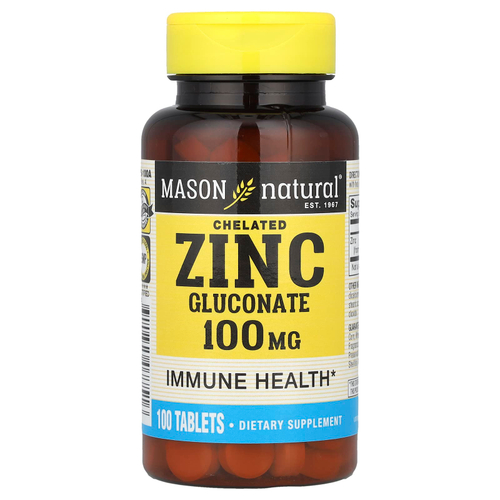Mason Natural, Хелатный глюконат цинка, 100 мг, 100 таблеток