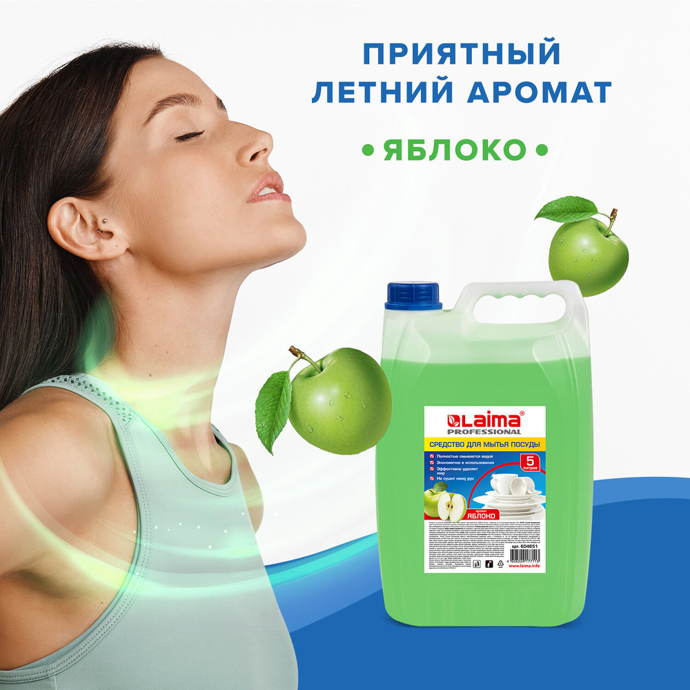 Средство для мытья посуды 5 л, LAIMA PROFESSIONAL, концентрат, «Яблоко», 604651