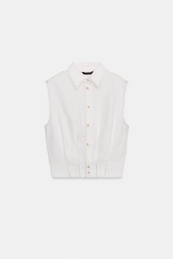 ZARA ТОП ИЗ СМЕСОВОГО ЛЬНА СО СТРОЧКОЙ, БЕЛЫЙ