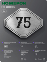 Номерок на дверь квартиры 75, для кабинета, офиса, шильдик 9 х 7 см, серебристый, Айдентика Технолоджи