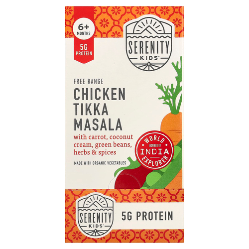 Serenity Kids, тикка масала с курицей, курицей, с морковью, кокосовым кремом, зеленой фасолью, травами и специями, для детей от 6 месяцев, 6 паучей по 99 г (3,5 унции)