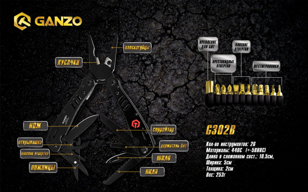 Мультитул Ganzo G302-B, 105 мм, 26 функций, нейлоновый чехол