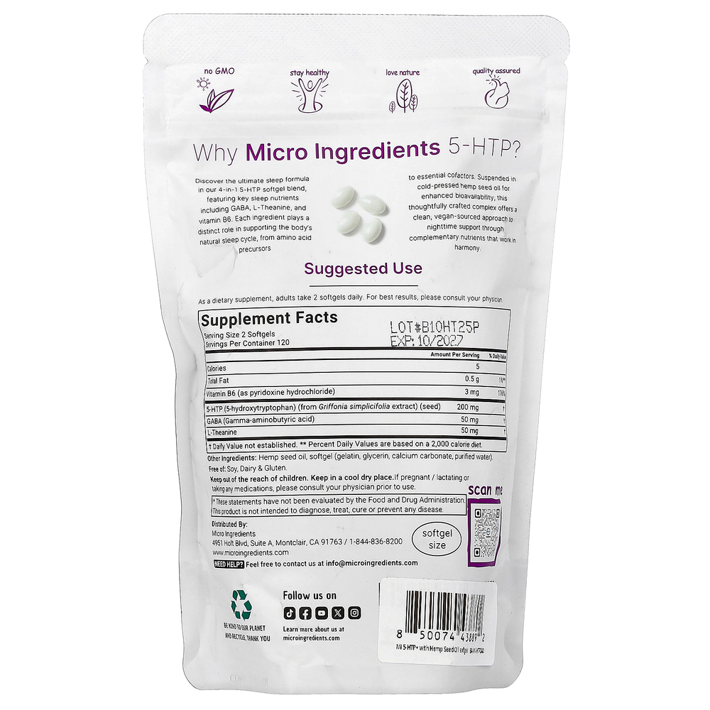 Micro Ingredients, HTP + ГАМК, L-теанин, витамин B6, 240 капсул
