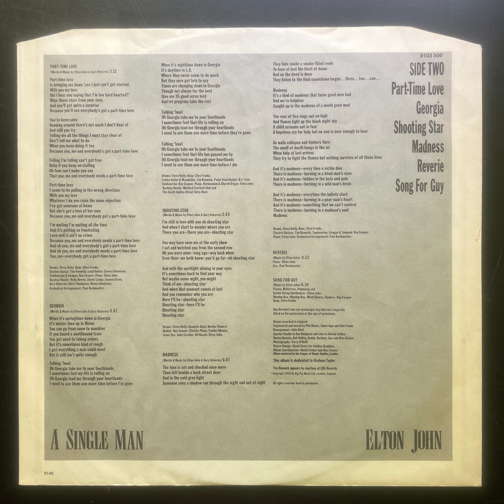 Elton John ‎– A Single Man (Скандинавия 1978г.)