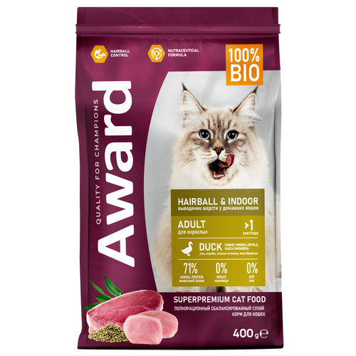 Award Hairball & Indoor для взрослых кошек для вывода шерсти с уткой и индейкой 400гр