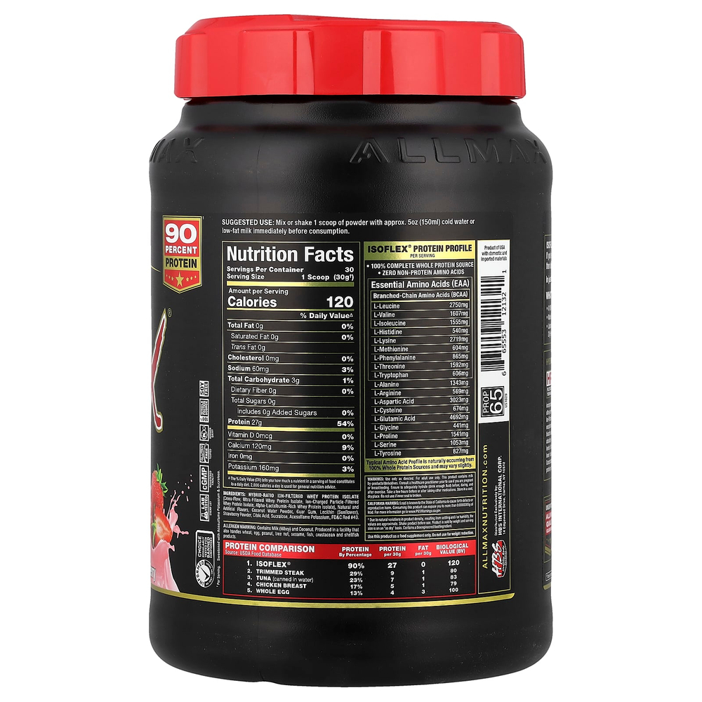ALLMAX, Isoflex, чистый изолят сывороточного протеина, клубника, 907 г (2 фунта)