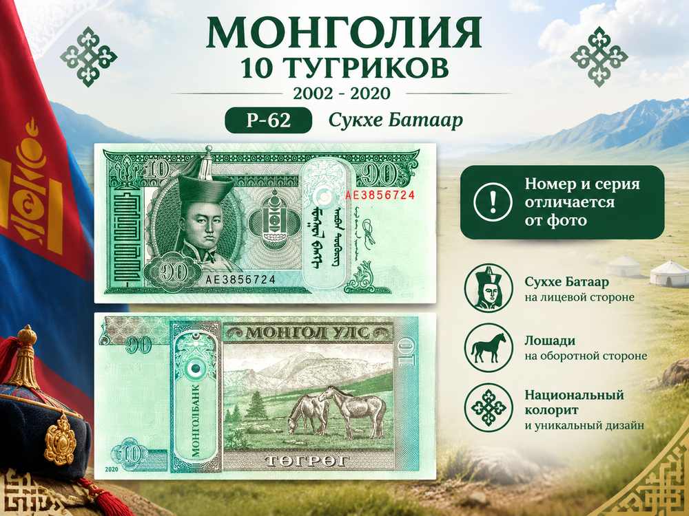 Монголия 10 тугриков 2020 Р-62, Сукхе Батаар UNC