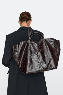 Massimo Dutti Сумка-тоут макси из кожи наппа с эффектом кракелюр, шоколадно-коричневый