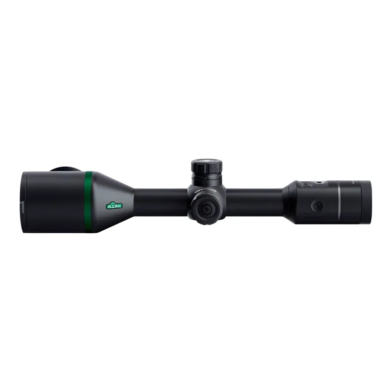Тепловизионный прицел ATAK ET46-50LRF Tube (с дальномером) - вид сбоку, логотип ATAK и зеленый кольцевой элемент
