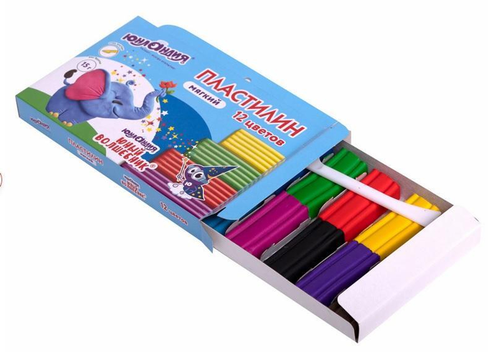 Пластилин мягкий 12 цветов 180г со стеком "ЮНЫЙ ВОЛШЕБНИК" (ЮНЛАНДИЯ)