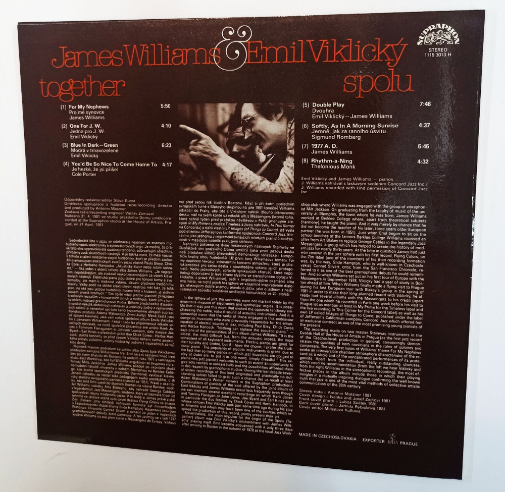 Винтажная виниловая пластинка LP James Williams and Emil Viklicky Together Spolu (Чехословакия 1982)