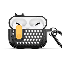 Усиленный чехол черного цвета с желтой кнопкой от Dux Ducis для наушников Airpods Pro 2, серия PECM Series Case, в комплекте с карабином