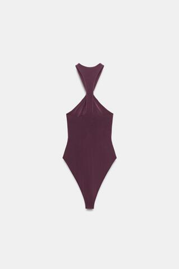 ZARA БОДИ СО СБОРКАМИ И ДЕКОРОМ, ТЕМНО-БАКЛАЖАНОВЫЙ