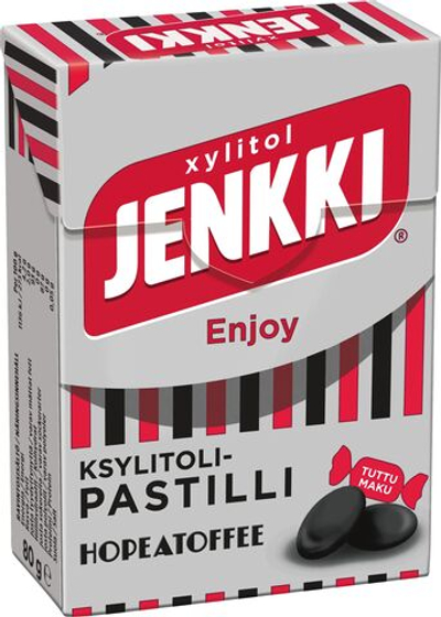 Пастилки с ксилитом Jenkki Enjoy Hopeatoffee со вкусом лакрицы и ириски 80 г (из Финляндии)