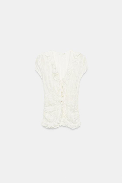 ZARA БЛУЗА С ВОЛАНАМИ И ПРОРЕЗЯМИ, ЖЕЛТОВАТО-БЕЛЫЙ