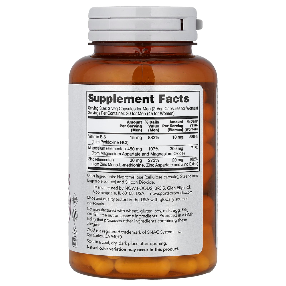 NOW Foods, Sports, ZMA®, добавка с цинком и магнием, 90 растительных капсул