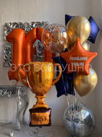 Воздушные шары «Нашему Чемпиону» — спортивный набор с кубком, мячами и цифрами на день рождения