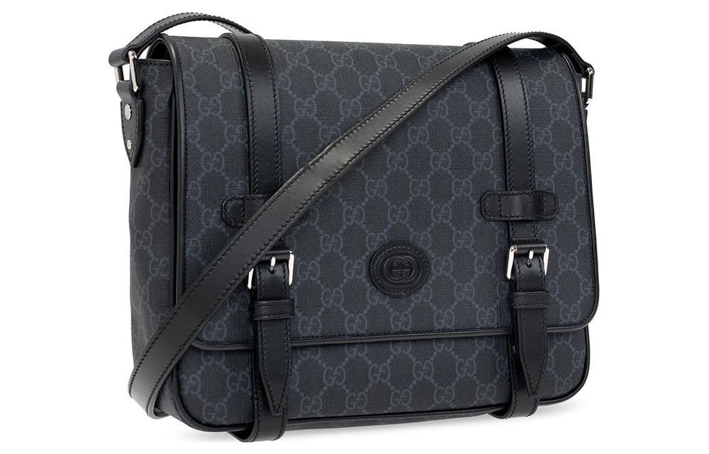 GUCCI Leather Messenger Bag, Shoulder Bag, Crossbody Bag Men"s Black Gray