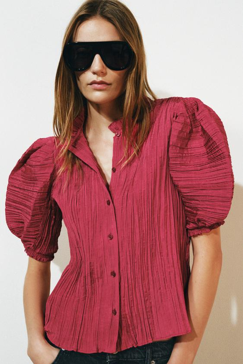 ZARA РУБАШКА С ОБЪЕМНЫМИ РУКАВАМИ — ZW COLLECTION, ТЕМНО-РОЗОВЫЙ