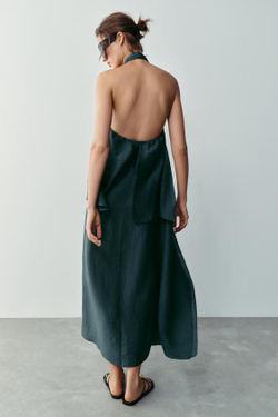 ZARA ЛЬНЯНОЕ ПЛАТЬЕ МИДИ С ГОРЛОВИНОЙ ХАЛТЕР, СВИНЦОВЫЙ