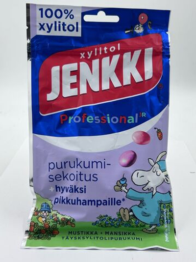 Жевательная резинка Jenkki Professional Junior с ксилитом и натуральным соком, со вкусом черники и клубники, 75 г (из Финляндии)