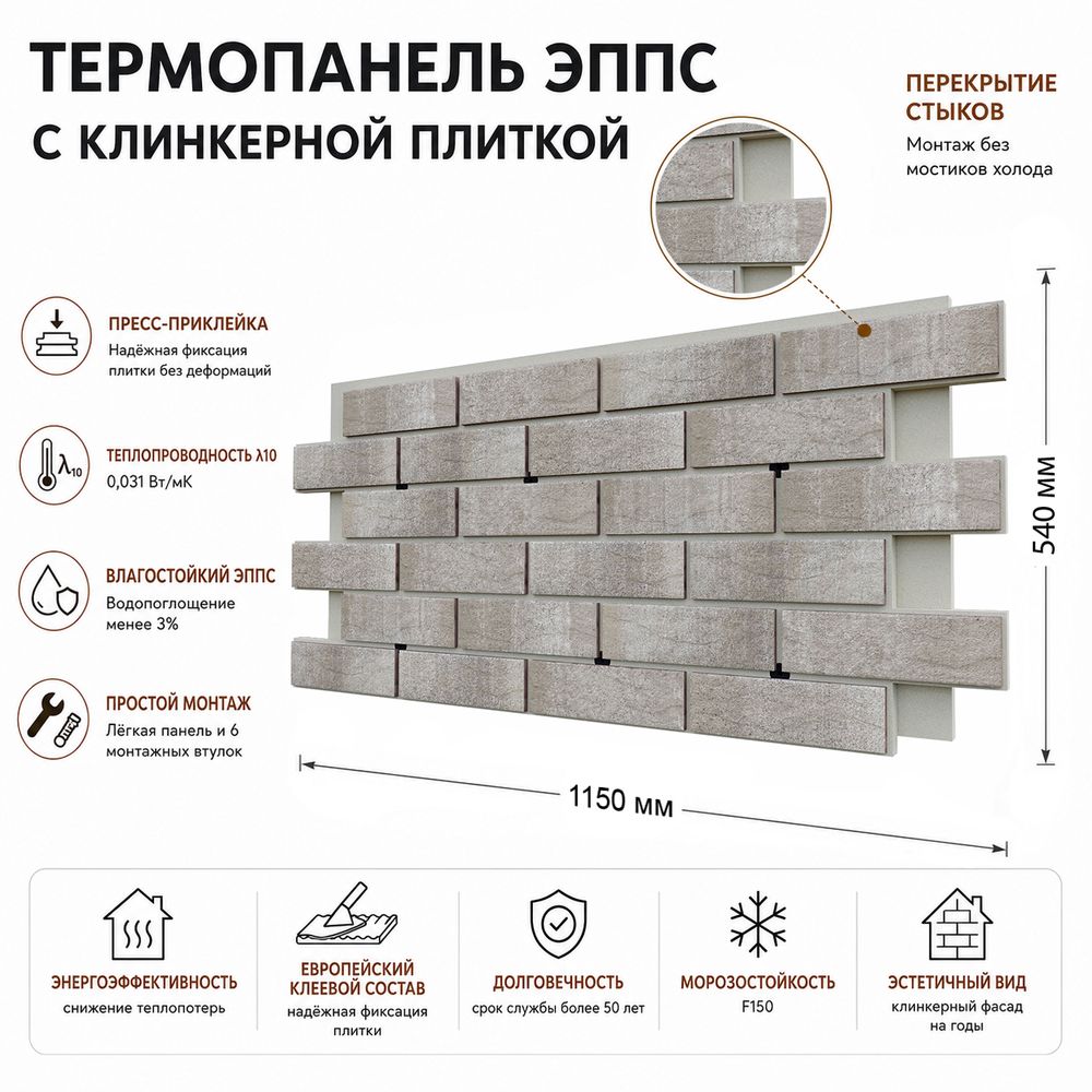 Клинкерная фасадная термопанель ЭППС Береза Керамика Брик Стоун Бежевый 1150x540