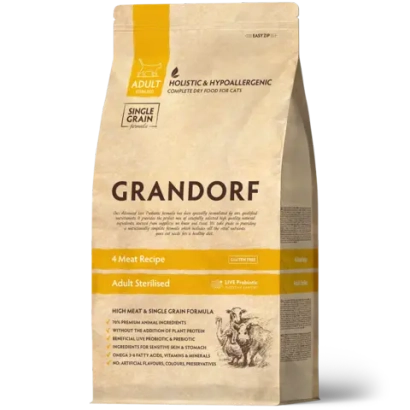 Сухой низкозерновой корм GRANDORF CAT 4 Meat PROBIOTIC STERILISED Четыре вида мяса для стерилизованных кошек с чувствительным пищеварением 2кг