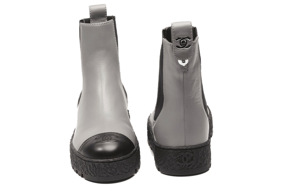 CHANEL Top Grain Cow Leather Chelsea Shoes Women"s Gray Black