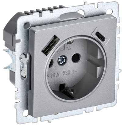 BRITE Розетка 1-местная с заземлением с защитными шторками 16А с USB A+C 18Вт РЮш11-1-БрА алюминий IEK