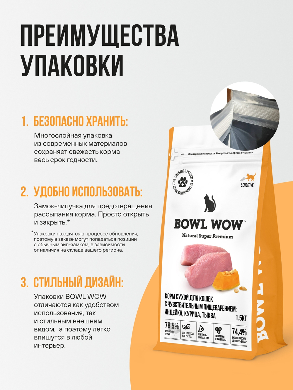 Сухой корм Bowl Wow для кошек с чувствительным пищеварением, с индейкой, курицей и тыквой - 1,5 кг