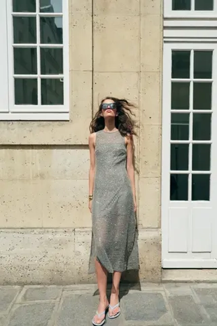 ZARA КОМБИНИРОВАННОЕ ПЛАТЬЕ МИДИ С ПАЙЕТКАМИ И СЕТКОЙ, СЕРЫЙ