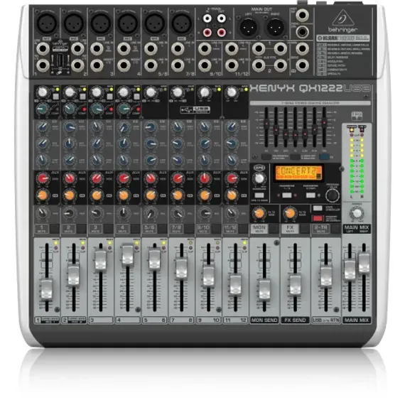 Behringer QX1222USB - микшер, 16 каналов, USB/аудио интерфейс, мик предусил и компр, 7 EQ, Multi FX