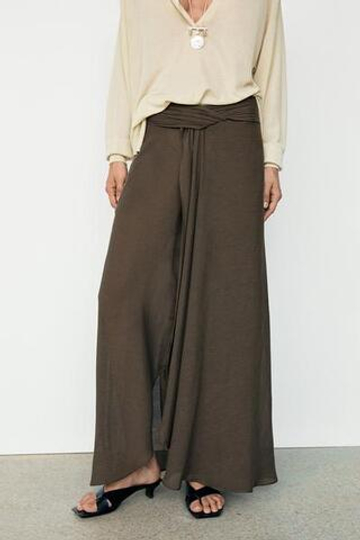 Massimo Dutti Полупрозрачные юбка-брюки из льняной смеси, коричневый