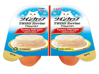 Inaba Ciao Twins Terrine Tунец магуро/Куриное филе со вкусом ширасу паштет ламистер для кошек 70 г (35 г*2 шт)