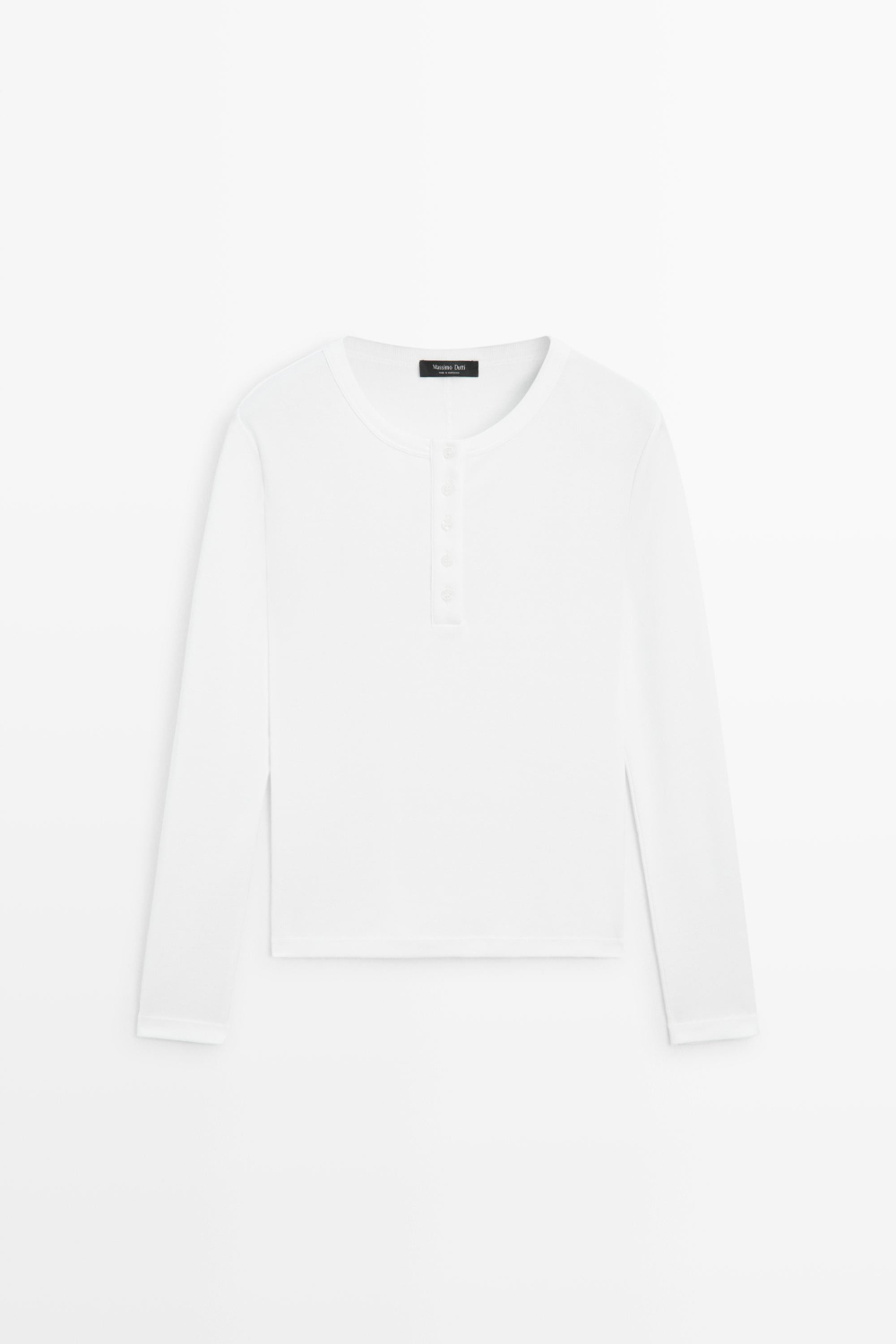 Massimo Dutti Футболка с воротником на пуговицах и длинными рукавами из 100% хлопка, белый