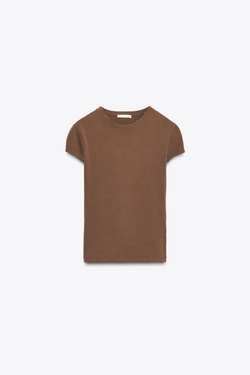 ZARA ФУТБОЛКА ОБЛЕГАЮЩЕГО КРОЯ С КОРОТКИМИ РУКАВАМИ, КОРИЧНЕВЫЙ