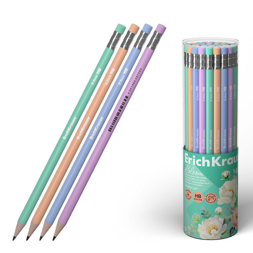 Карандаш ч/г трехгранный , с ластиком, HB "Pastel Bloom" (Erich Krause)