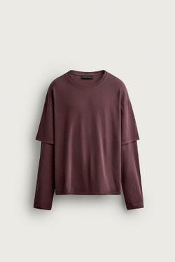 ZARA ФУТБОЛКА С ЭФФЕКТОМ МНОГОСЛОЙНОСТИ, БОРДОВЫЙ
