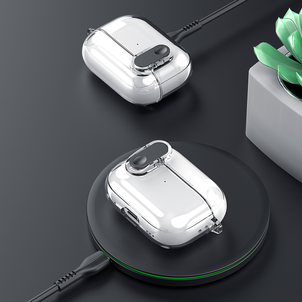 Прозрачный чехол с кнопкой черного цвета от Dux Ducis для наушников AirPods Pro 2, серия PECL Series Case, в комплекте с карабином