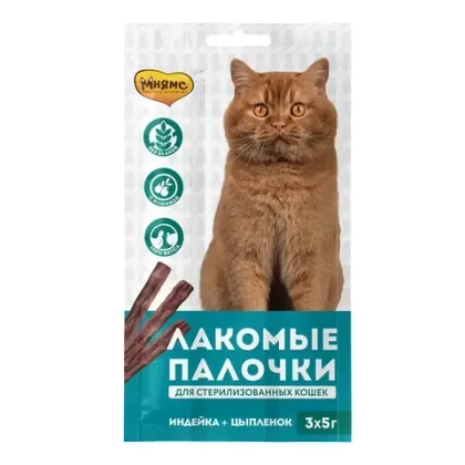 МНЯМС Лакомые палочки для кошек индейка+цыпленок, 3*5 г
